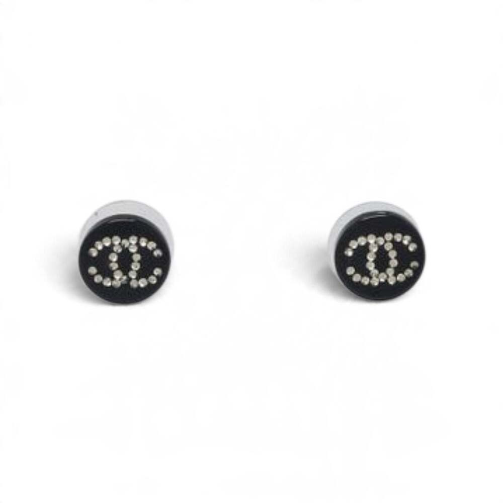 Authentic Chanel Black Resin Crystal Interlocking CC Stud Earrings 04